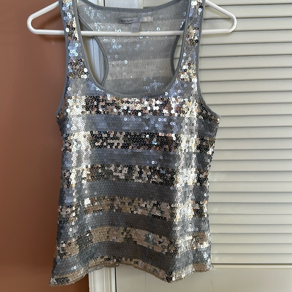 Old Navy Top Womens Small Sequins Gray Silver Striped Racerback Tan